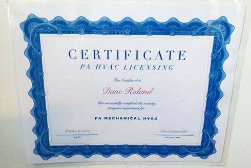 PA HVAC licensing certificate